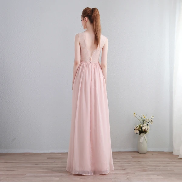 Chic / Beautiful Floor-Length / Long Blushing Pink Evening Dresses 2018 A-Line / Princess V-Neck Chiffon Lace-up Pierced Evening Party Formal Dresses