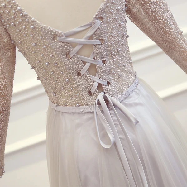 Modern / Fashion Sweep Train Grey Evening Dresses 2018 Tulle A-Line / Princess U-Neck Long Sleeve Backless Beading Embroidered Formal Dresses