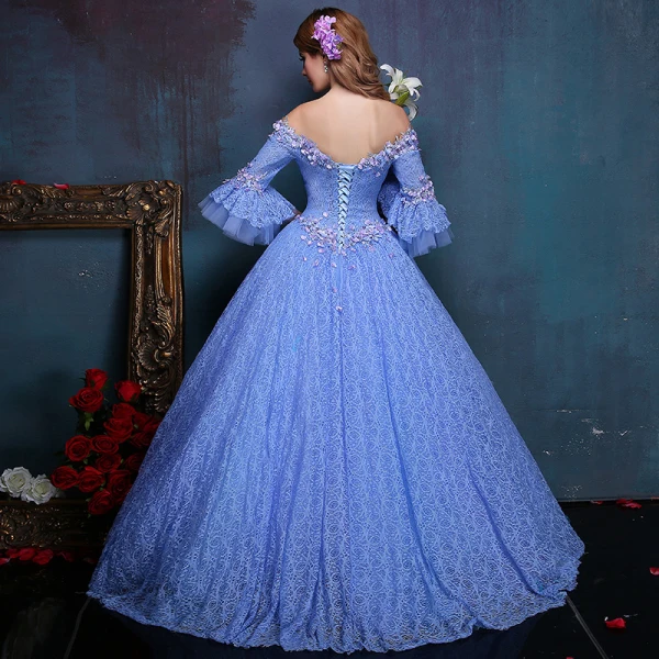 Flower Fairy Ocean Blue Floor-Length / Long Ball Gown Prom Dresses 2018 Tulle Beading Pearl Appliques Backless Formal Dresses