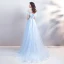 Chic / Beautiful Sky Blue Court Train Evening Dresses  2018 A-Line / Princess U-Neck Tulle Appliques Backless Beading Feather Evening Party Formal Dresses