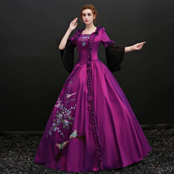 Vintage / Retro Grape Floor-Length / Long Prom Dresses 2018 Charmeuse 3/4 Sleeve U-Neck Ball Gown Backless Embroidered Prom Formal Dresses