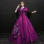 Vintage / Retro Grape Floor-Length / Long Prom Dresses 2018 Charmeuse 3/4 Sleeve U-Neck Ball Gown Backless Embroidered Prom Formal Dresses