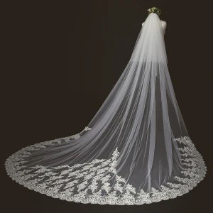 Modest Simple Ivory Lace Tulle Appliques Cathedral Train Wedding Veils 2018