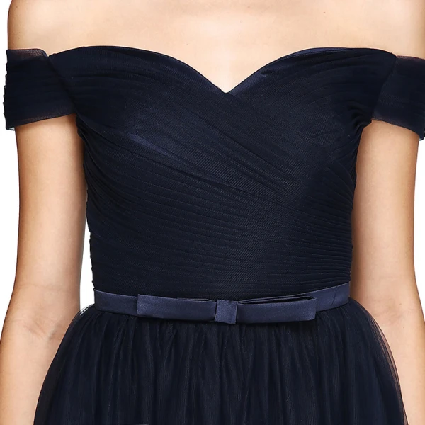 Modest / Simple Navy Blue Evening Dresses 2020 A-Line / Princess Tulle Off-The-Shoulder Floor-Length / Long Sleeveless Puffy Cocktail Party Evening Party Formal Dresses
