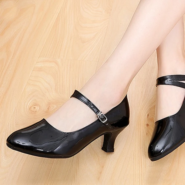 Romantic Lovely Black Latin Dance Shoes 2020 5 cm Dancing Prom Laser Buckle Heels Round Toe Womens Shoes