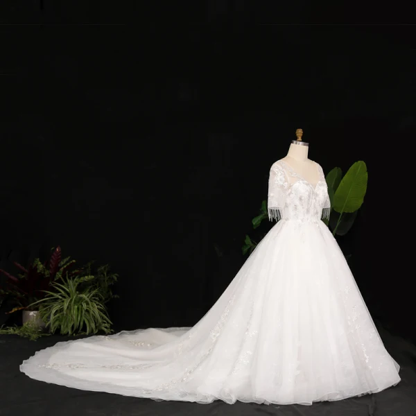 Luxury / Gorgeous Ivory Plus Size Ball Gown Wedding Dresses 2021 Crossed Straps 1/2 Sleeves V-Neck Tulle Satin Lace Handmade Beading Backless Appliques Tassel Cathedral Train Wedding