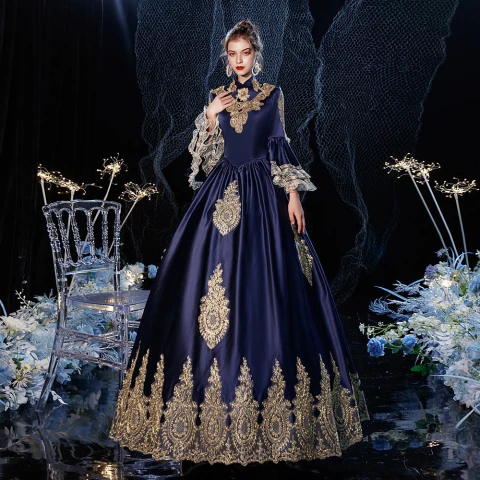 Vintage / Retro Medieval Navy Blue Prom Dresses 2021 A-Line / Princess High Neck Zipper Up Long Sleeve Floor-Length / Long 3D Lace Backless Prom Formal Dresses