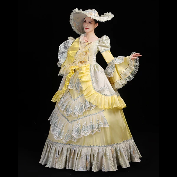Vintage / Retro Medieval Yellow Ball Gown Prom Dresses 2021 Floor-Length / Long U-Neck Long Sleeve Beading Crystal Embroidered Cosplay Prom Formal Dresses