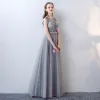 Chic / Beautiful A-Line / Princess Evening Dresses  2017 Grey Crossed Straps Strappy Charmeuse Lace V-Neck Sleeveless Cocktail Party Evening Party