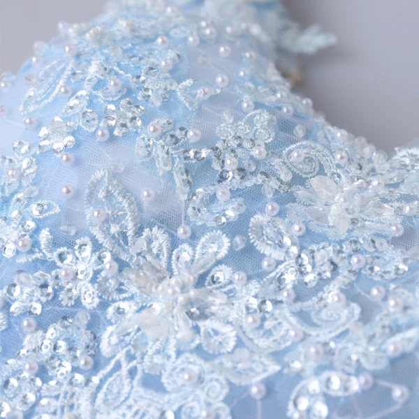 Chic / Beautiful Sky Blue Evening Dresses 2017 A-Line / Princess Lace V-Neck Handmade Appliques Backless Beading Embroidered Evening Party Formal Dresses