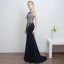 Schöne Marineblau Abendkleider 2018 Mermaid U-Ausschnitt Rückenfreies Perlenstickerei Strass Polyester Abend Festliche Kleider