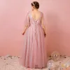 Chic / Beautiful Blushing Pink Plus Size Evening Dresses  2018 A-Line / Princess V-Neck Tulle Lace-up Crossed Straps Appliques Backless Evening Party Formal Dresses