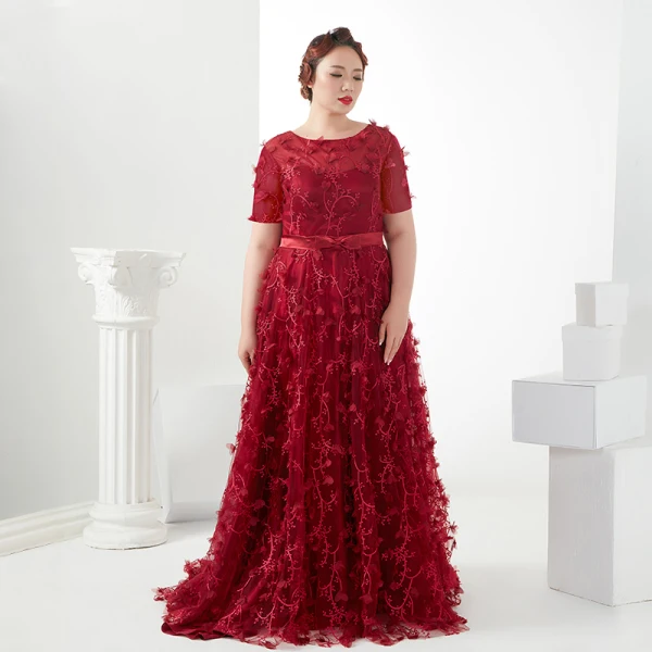 Flower Fairy Burgundy Plus Size Evening Dresses  2018 A-Line / Princess Lace-up U-Neck Tulle Appliques Backless Evening Party Prom Dresses