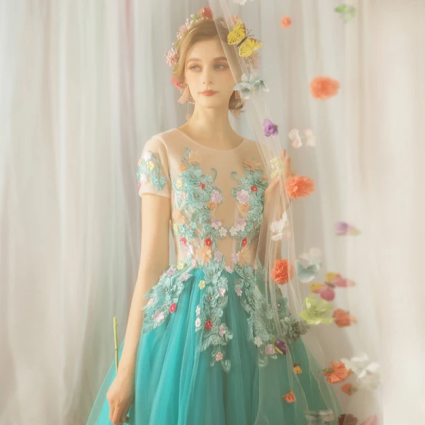 Flower Fairy Jade Green Floor-Length / Long Prom Dresses 2018 A-Line / Princess Tulle U-Neck Appliques Backless Beading Evening Party Evening Dresses