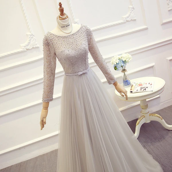 Modern / Fashion Sweep Train Grey Evening Dresses 2018 Tulle A-Line / Princess U-Neck Long Sleeve Backless Beading Embroidered Formal Dresses