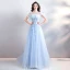 Chic / Beautiful Sky Blue Court Train Evening Dresses  2018 A-Line / Princess U-Neck Tulle Appliques Backless Beading Feather Evening Party Formal Dresses