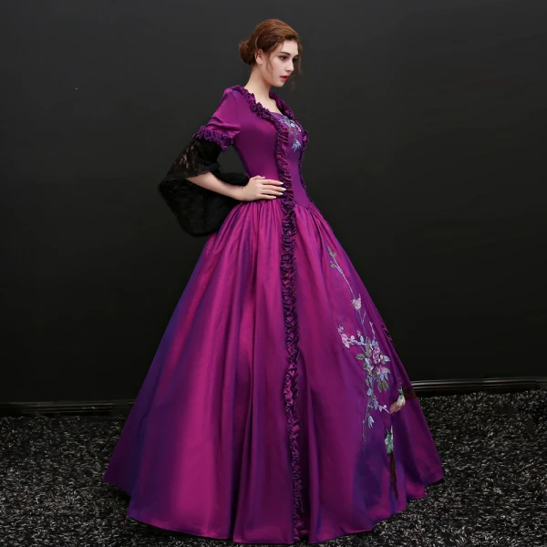 Vintage / Retro Grape Floor-Length / Long Prom Dresses 2018 Charmeuse 3/4 Sleeve U-Neck Ball Gown Backless Embroidered Prom Formal Dresses