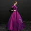 Vintage / Retro Grape Floor-Length / Long Prom Dresses 2018 Charmeuse 3/4 Sleeve U-Neck Ball Gown Backless Embroidered Prom Formal Dresses