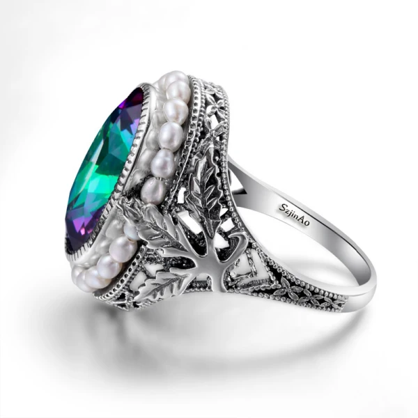 Luxe Multi-Couleurs Anneaux 2019 Feuille Cristal Perle Plaqué argent Pierres précieuses synthétiques Soirée Accessorize Bague