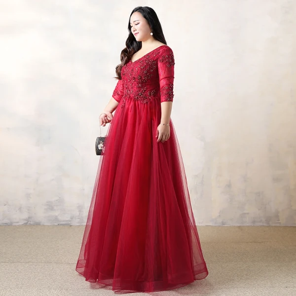 Chic / Beautiful Plus Size Burgundy Evening Dresses 2019 A-Line / Princess Lace Tulle V-Neck Appliques Backless Beading Evening Party Formal Dresses