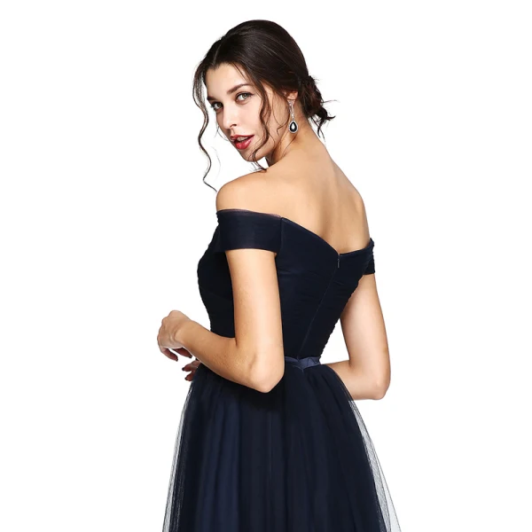 Modest / Simple Navy Blue Evening Dresses 2020 A-Line / Princess Tulle Off-The-Shoulder Floor-Length / Long Sleeveless Puffy Cocktail Party Evening Party Formal Dresses