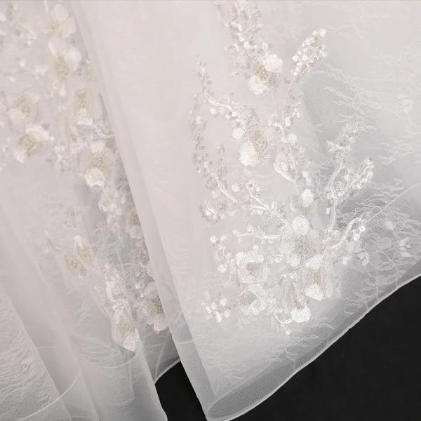 Luxury / Gorgeous Ivory Plus Size Ball Gown Wedding Dresses 2021 Crossed Straps 1/2 Sleeves V-Neck Tulle Satin Lace Handmade Beading Backless Appliques Tassel Cathedral Train Wedding