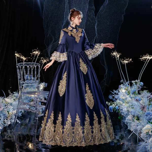 Vintage / Retro Medieval Navy Blue Prom Dresses 2021 A-Line / Princess High Neck Zipper Up Long Sleeve Floor-Length / Long 3D Lace Backless Prom Formal Dresses