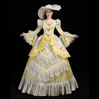 Vintage Medeltida Gul Balklänning Balklänningar 2021 Långa U Hals Långärmad Beading Kristall Broderade Cosplay Bal Formella Klänningar