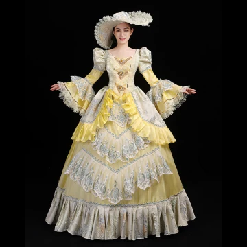 Vintage Retro Medieval Yellow Ball Gown Prom Dresses 2021 Floor Length Long U Neck Long Sleeve Beading Crystal Embroidered Cosplay Prom Formal Dresses