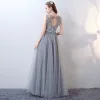 Chic / Beautiful A-Line / Princess Evening Dresses  2017 Grey Crossed Straps Strappy Charmeuse Lace V-Neck Sleeveless Cocktail Party Evening Party