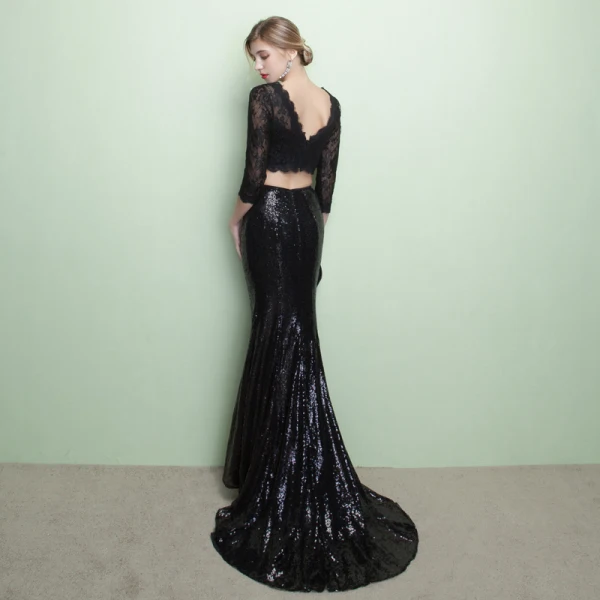 Chic / Beautiful 2 Piece Black Evening Dresses 2017 Trumpet / Mermaid U-Neck Lace Appliques Backless Evening Party Formal Dresses