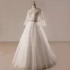 Amazing / Unique White Wedding Dresses 2017 A-Line / Princess V-Neck Tulle Lace Beading Appliques Backless Wedding