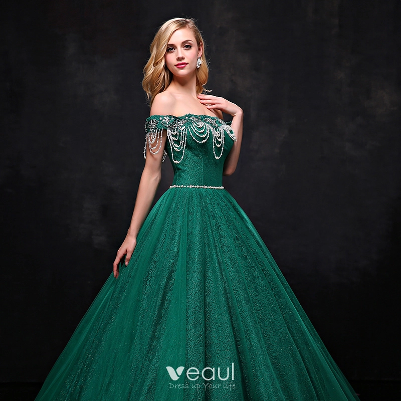 Luxury / Gorgeous Dark Green Prom Dresses 2017 A-Line / Princess Tulle Backless Beading Rhinestone Evening Party Formal Dresses