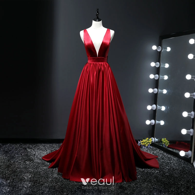 Red V Neck Backless Prom Dresses Long 2017 Evening Party Ball Gown