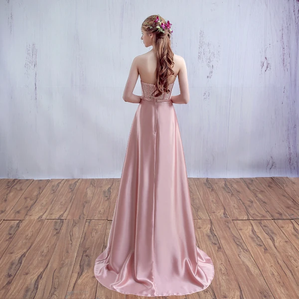 Chic / Beautiful Pearl Pink Evening Dresses A-Line / Princess Lace Strapless Corset Floor-Length / Long 2017 Appliques Backless Beading Rhinestone Evening Party Formal Dresses