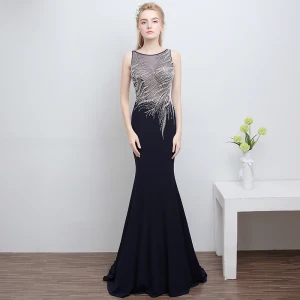 Mooie Prachtige Donkerblauwe Avondjurken 2018 Trompet Zeemeermin U Hals Ruglooze Kralen Rhinestone Polyester Avond Gelegenheid Jurken