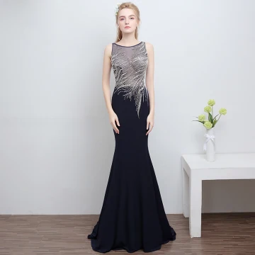 Chic Belle Bleu Marine Robe De Soirée 2018 Trompette Sirène U Cou Dos Nu Perlage Faux Diamant Polyester Soirée Robe De Ceremonie