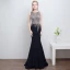 Schöne Marineblau Abendkleider 2018 Mermaid U-Ausschnitt Rückenfreies Perlenstickerei Strass Polyester Abend Festliche Kleider
