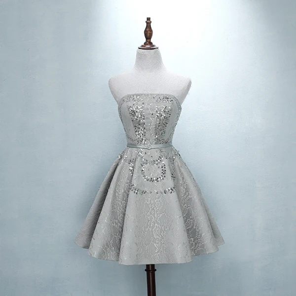 Chic / Beautiful Silver Graduation Dresses 2018 A-Line / Princess Tulle  Strapless Backless Beading Sequins Homecoming Formal Dresses