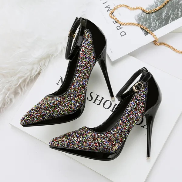 Sparkly Black 2018 High Heels 11 cm Ankle Strap Beading Glitter Sequins Pointed Toe Prom