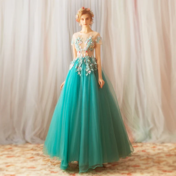 Flower Fairy Jade Green Floor-Length / Long Prom Dresses 2018 A-Line / Princess Tulle U-Neck Appliques Backless Beading Evening Party Evening Dresses