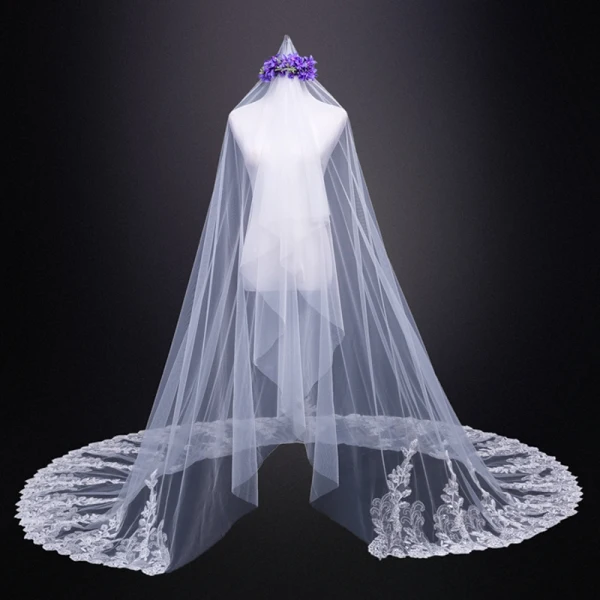 Simple Blanche Mariage Tulle En Dentelle Appliques 4 m Cathedral Train Voile De Mariée 2018