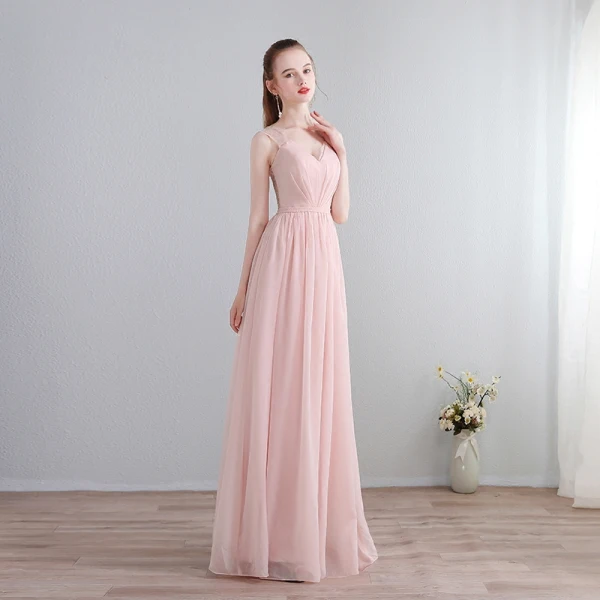 Chic / Beautiful Floor-Length / Long Blushing Pink Evening Dresses 2018 A-Line / Princess V-Neck Chiffon Lace-up Pierced Evening Party Formal Dresses