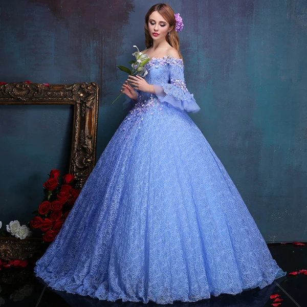 Flower Fairy Ocean Blue Floor-Length / Long Ball Gown Prom Dresses 2018 Tulle Beading Pearl Appliques Backless Formal Dresses