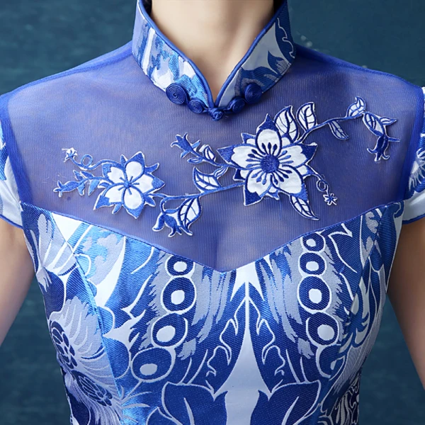 Chinese style Royal Blue Floor-Length / Long Evening Dresses 2018 Trumpet / Mermaid High Neck Charmeuse Evening Party Appliques Printing Formal Dresses
