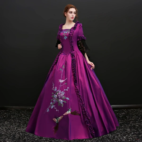 Vintage / Retro Grape Floor-Length / Long Prom Dresses 2018 Charmeuse 3/4 Sleeve U-Neck Ball Gown Backless Embroidered Prom Formal Dresses