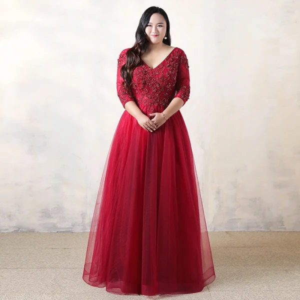 Chic / Beautiful Plus Size Burgundy Evening Dresses 2019 A-Line / Princess Lace Tulle V-Neck Appliques Backless Beading Evening Party Formal Dresses
