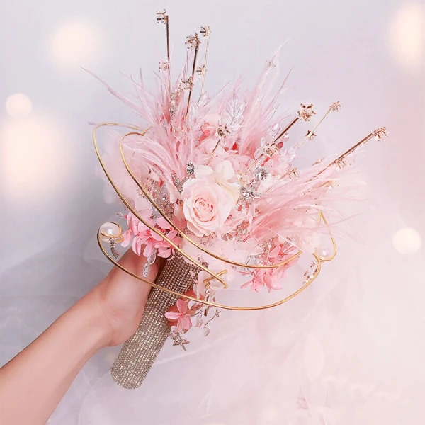 Flower Fairy Elegant Blushing Pink Wedding Flowers 2020 Metal Appliques Beading Crystal Feather Flower Rhinestone Bridal Wedding Accessories