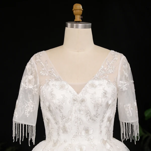 Luxury / Gorgeous Ivory Plus Size Ball Gown Wedding Dresses 2021 Crossed Straps 1/2 Sleeves V-Neck Tulle Satin Lace Handmade Beading Backless Appliques Tassel Cathedral Train Wedding