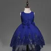 Schöne Marineblau Mädchenkleider 2017 A Linie U-Ausschnitt Spitze Applikationen Stickerei Hochzeit